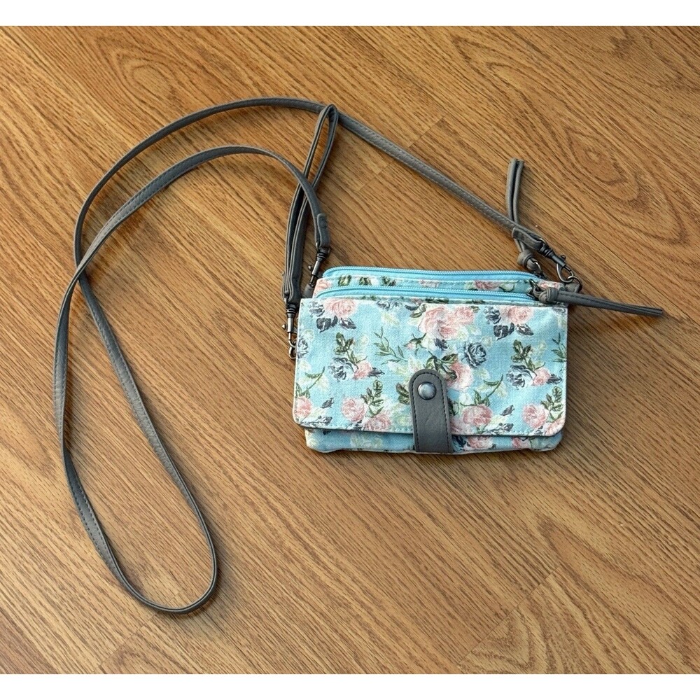 Turquoise Floral Crossbody Wallet  Rose Print Canvas Mini Purse With Card Slots
